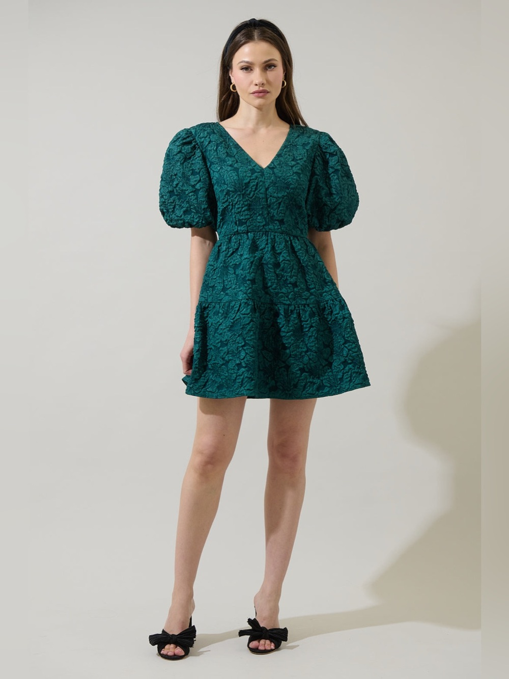 Sugarlips Green Russa May Floral Jacquard Tiered Mini Dress